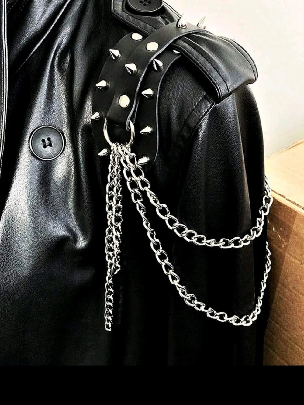 Spiked Leather Shoulder Harness with Silver Chains